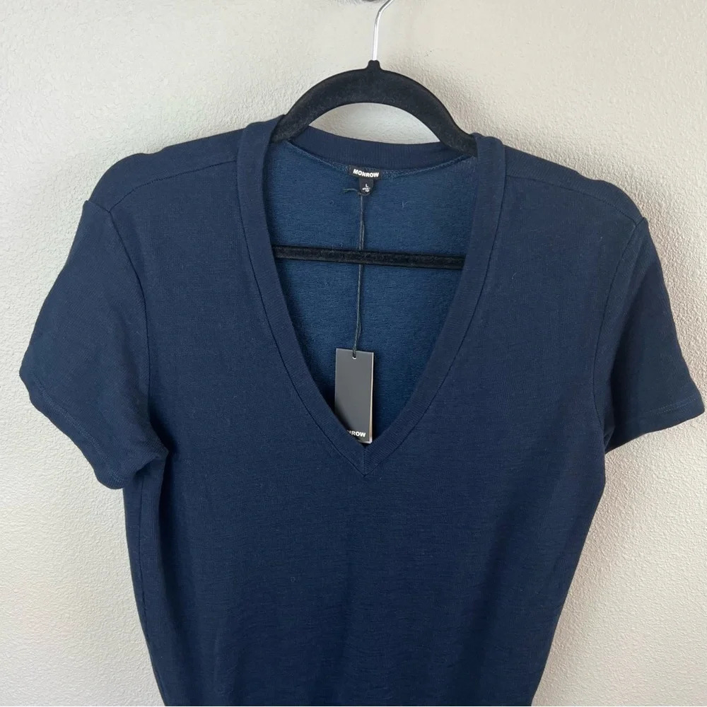 New MONROW NWT Supersoft Short Sleeve V-neck Dress w/Tie Inca Blue Women’s Large - Picture 4 of 13